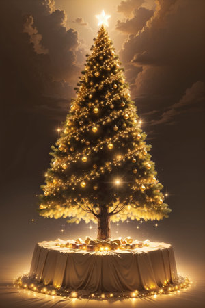 Golden Christmas tree with bright lights wallpaper banner xmasの素材