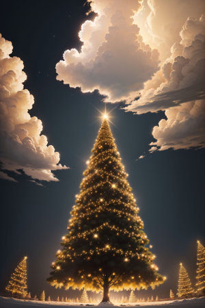 Golden Christmas tree with bright lights wallpaper banner xmasの素材