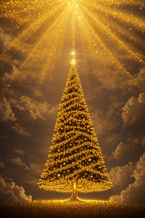 Golden Christmas tree with bright lights wallpaper banner xmasの素材
