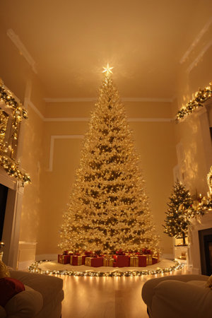 Golden Christmas tree with bright lights wallpaper banner xmasの素材