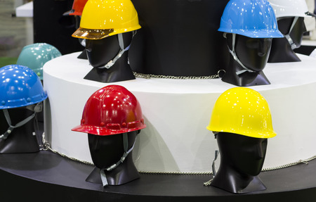 mannequins with Safety helmets on a shelf ; Working Hard Hat;Personel Protection Equipment PPEの写真素材