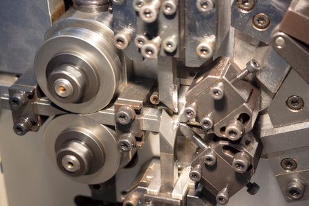 Blurred picture of small spring making machine ; industrial background