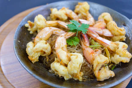 Steamed Prawns with Vermicelli is Popular Thai dishes,Casseroled shrimp with glass noodleの写真素材