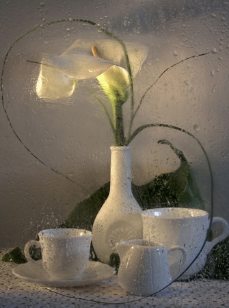 till life with bouquet of crockery and cookware for glassの写真素材