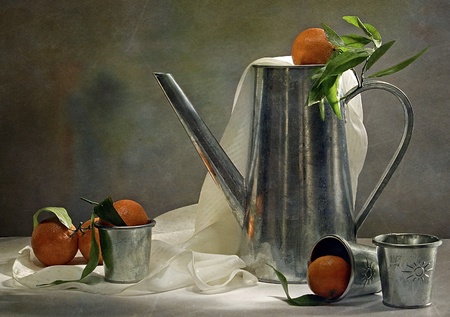 still life with jug and tangerinesの写真素材