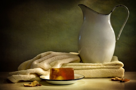 still life with a jug, a towel and soapの写真素材