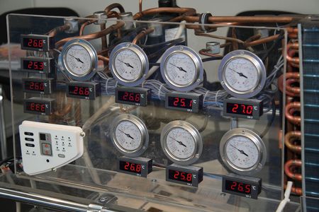 The measuring stand at an exhibition of technologies. All trade marks are destroyed