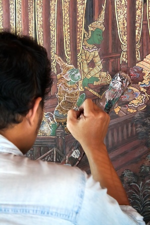 Bangkok,Thailand, November 14 2010 : Repairing of Ramayana Epic painting on wall at Prakeaw templeのeditorial素材