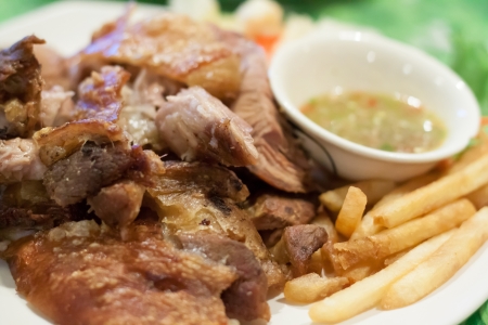 Fries pork with spicy sauceの写真素材