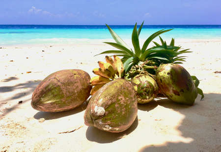 Coconuts and tropical fruits on the beach in Zanzibarの写真素材