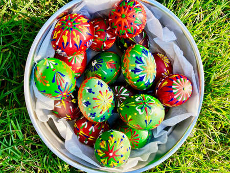 Traditional decoration of Easter eggs with colored waxの写真素材