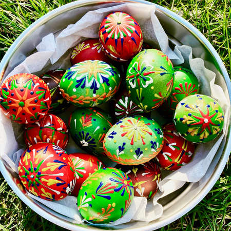 Traditional decoration of Easter eggs with colored waxの写真素材