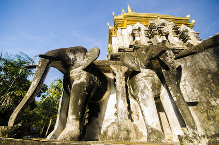 Stucco sculpture elephant pagoda Wat Chiang Man, Chiang Mai, Thailandの写真素材