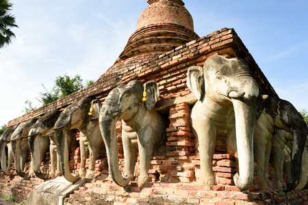 Sukhothai Historical Park, Temple of elephants surrounded the pagoda in Sukhothai, Thailand.の写真素材