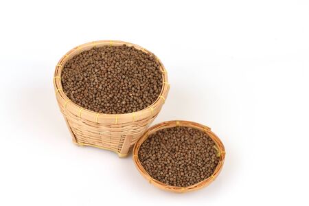 Perilla, dried seeds and medicinal properties on a white background.の写真素材
