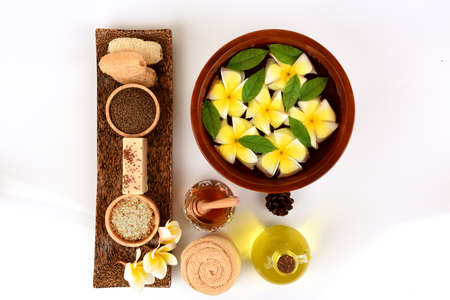 Face mask and scrub with perilla extract, oats, oil and honey for skin treatment, have medicinal properties and placed on a white background.の写真素材