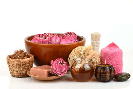 Face mask and soap made with Gaysorn extract, lotus flower and honey has medicinal properties and on a white background.の写真素材