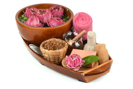 Face mask and soap made with Gaysorn extract, lotus flower and honey has medicinal properties and on a white background.の写真素材