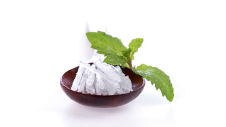 Menthol Crystal  and Kitchen Mint, branch and green leaves isolated on a white background.の写真素材
