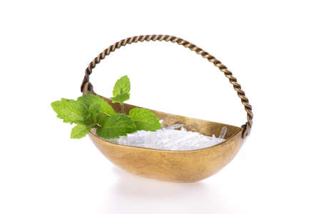 Menthol Crystal  and Kitchen Mint, branch and green leaves isolated on a white background.の写真素材