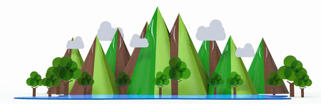 Nature landscape. Mountain, lake, tree isolated on white background. 3D illustrationの写真素材