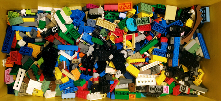 BANGKOK, THAILAND - SEPTEMBER 30, 2018 : Group of lego toys in yellow tray.のeditorial素材