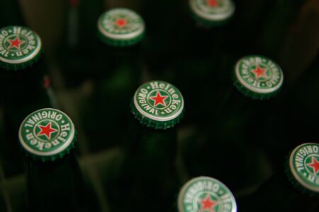 Bangkok,Thailand - September 02, 2019 : Heineken beer lid opened in the paper crateのeditorial素材