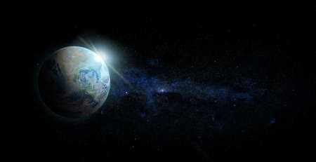 Planet Earth with sunrise on space background.