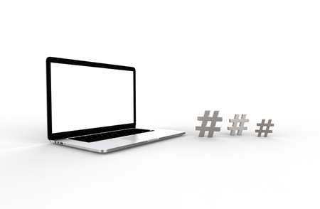 Modern laptop  and hashtag icon isolated on white background. 3D Illustration.