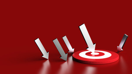 Silver  arrow hit in the target in red background. Business concept. 3D Illustration.の写真素材