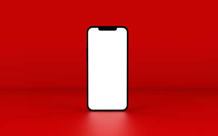 Mobile Phone Template Mockup isolated on red background. 3D illustration.の写真素材