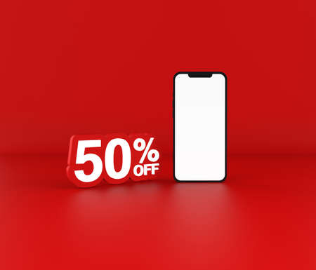 Sale tag number for 50% and smartphone. 3D illustrationの写真素材