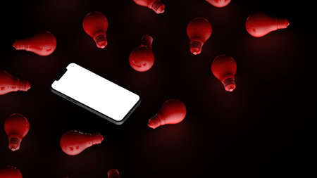 Smartphone and bulbs on red background. 3D Illustration.