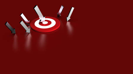 Silver  arrow hit in the target in red background. Business concept. 3D Illustration.の写真素材