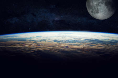 Planet Earth and moon on space background. Elements of this image furnishedの写真素材