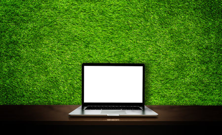 Modern laptop isolated on green grass background. 3D illustration.の写真素材