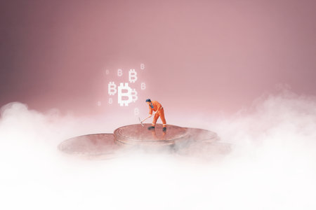 Technician worker figure standing in front of bitcoin. Bitcoin mining concept.