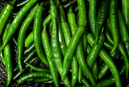Fresh Green chili pile background. Top view.