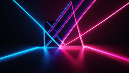 Colorful laser light glow in the dark room. 3D Illustration.の写真素材