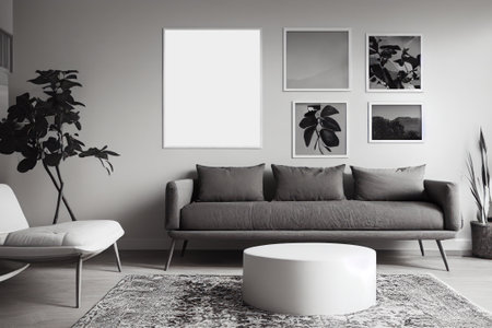 Blank poster frame mock up in living room interior  background. Ai generated.の素材