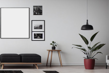 Blank poster frame mock up in living room interior  background. Ai generated.の素材