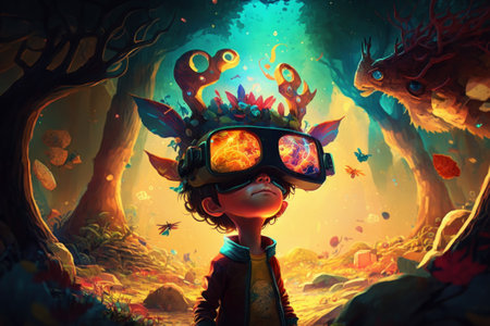 Child wearing VR glasses and wandering in the imagination. Ai generated.の素材