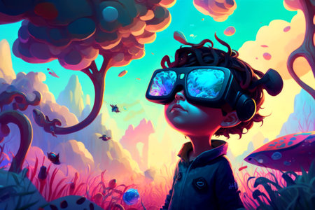 Child wearing VR glasses and wandering in the imagination. Ai generated.の素材