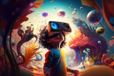 Child wearing VR glasses and wandering in the imagination. Ai generated.の素材
