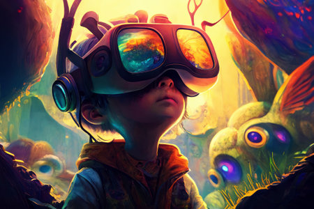 Child wearing VR glasses and wandering in the imagination. Ai generated.の素材