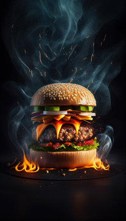 Hot and Fresh tasty delicious grilled hamburger. Ai generated.の素材