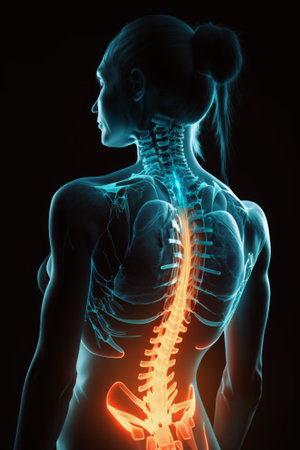 Back ache concept on dark background. Health care concept. ai generated.の素材