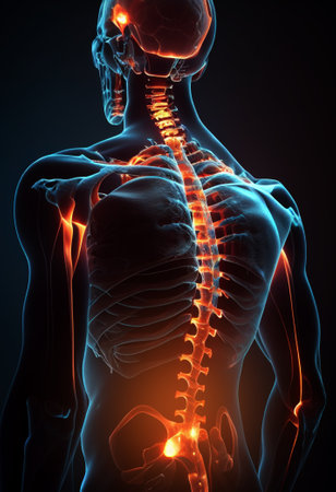 Back ache concept on dark background. Health care concept. ai generated.の素材