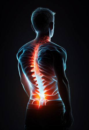 Back ache concept on dark background. Health care concept. ai generated.の素材