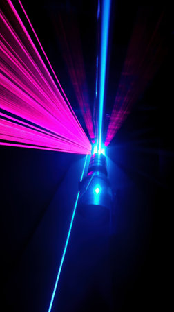 Colorful laser light glow in the dark room. Ai generated.の素材